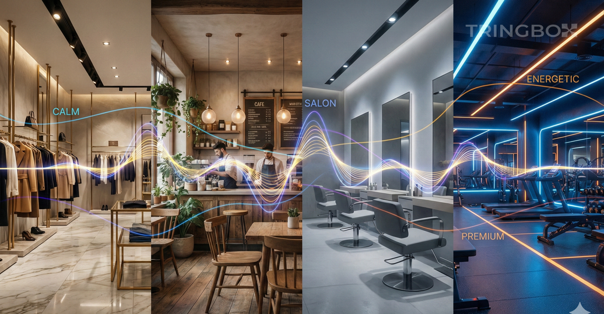 Futuristic AI-powered Tringbox in-store music control interface with holographic soundwave visualization