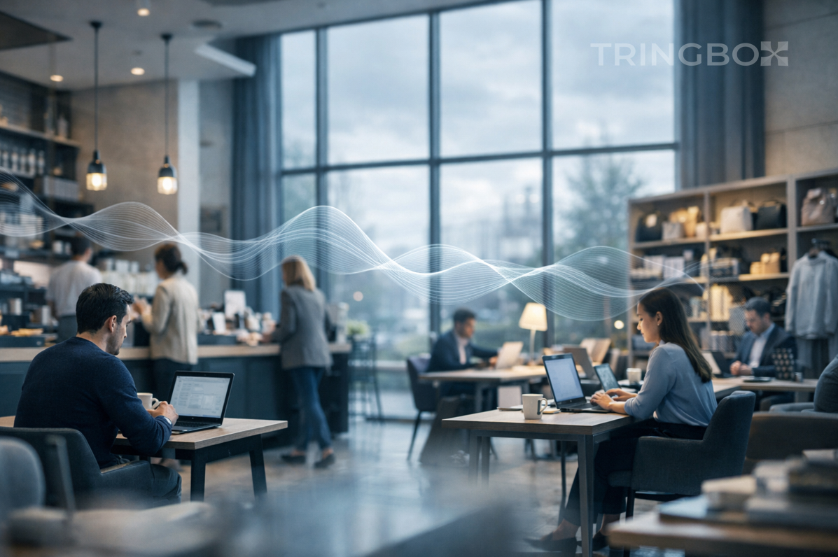 Modern business interior using Tringbox AI powered royalty free music system creating a premium brand atmosphere