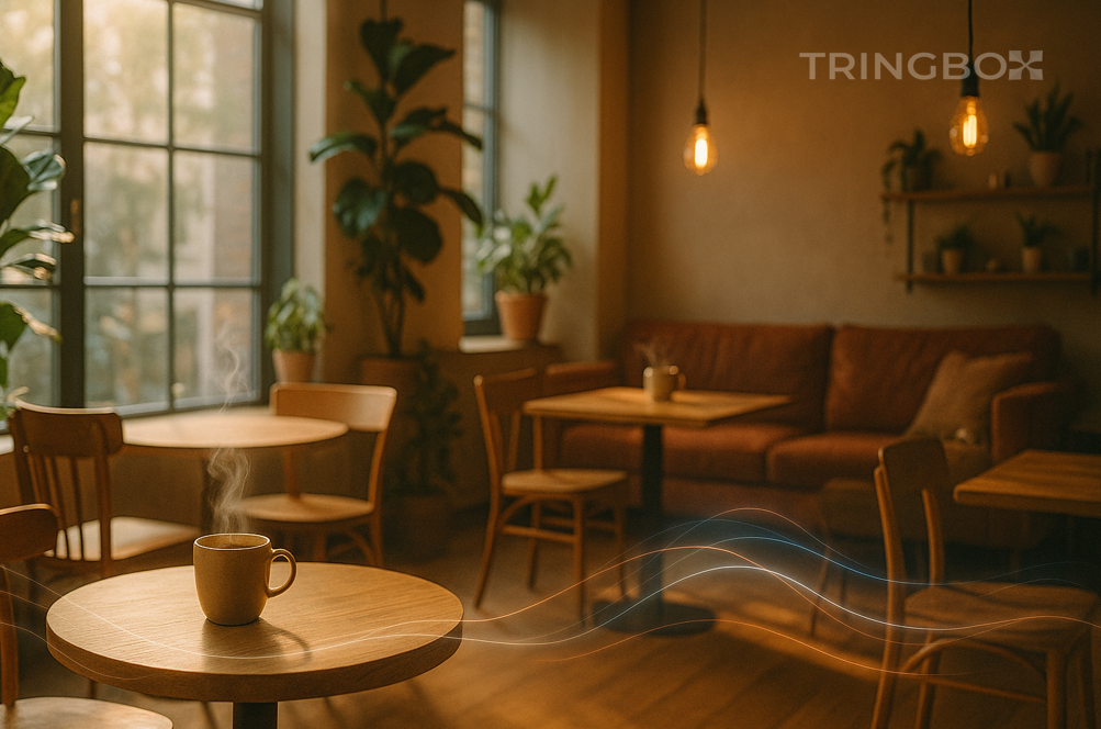 Cozy café interior with natural light, warm wooden textures and Tringbox AI ambient music creating perfect atmosphere