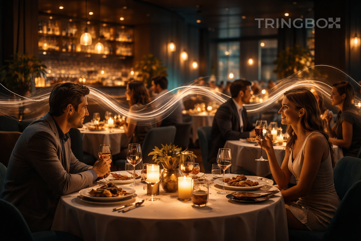 Elegant restaurant using Tringbox AI powered copyright free music to create a warm premium dining atmosphere