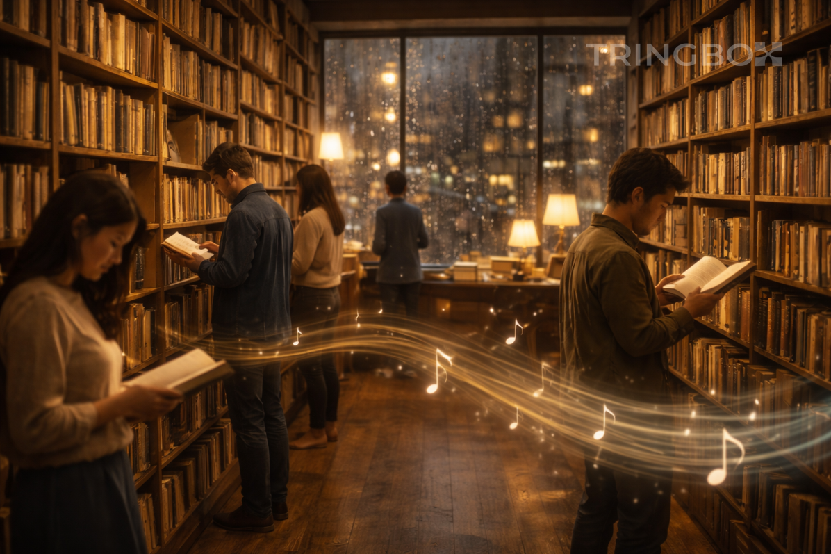 Warm independent bookstore with nostalgic old music and Tringbox AI powered ambience creating a calm reading atmosphere