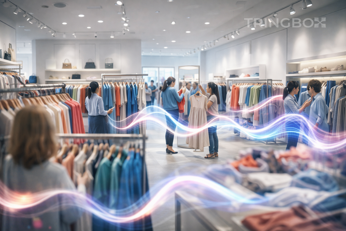 Modern retail store using Tringbox AI powered copyright safe music instead of YouTube playlists for a premium shopping experience