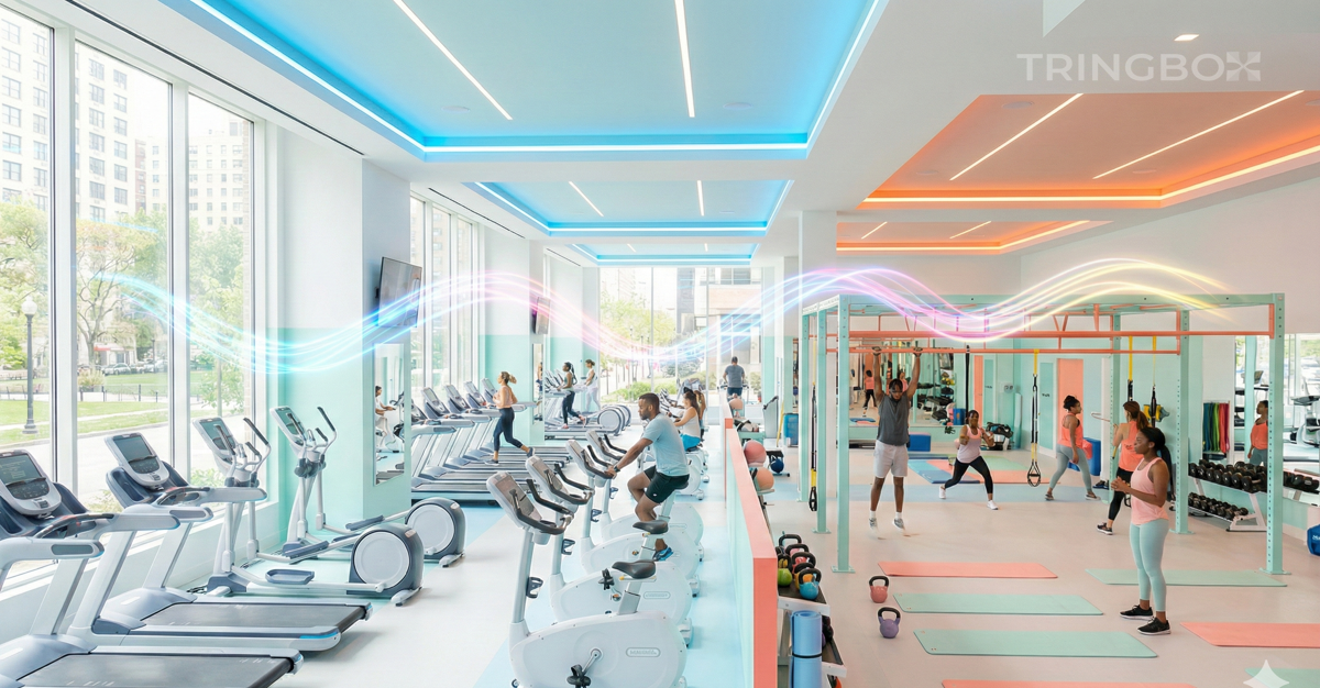 Bright modern gym interior with energetic atmosphere and Tringbox AI-powered motivational music system