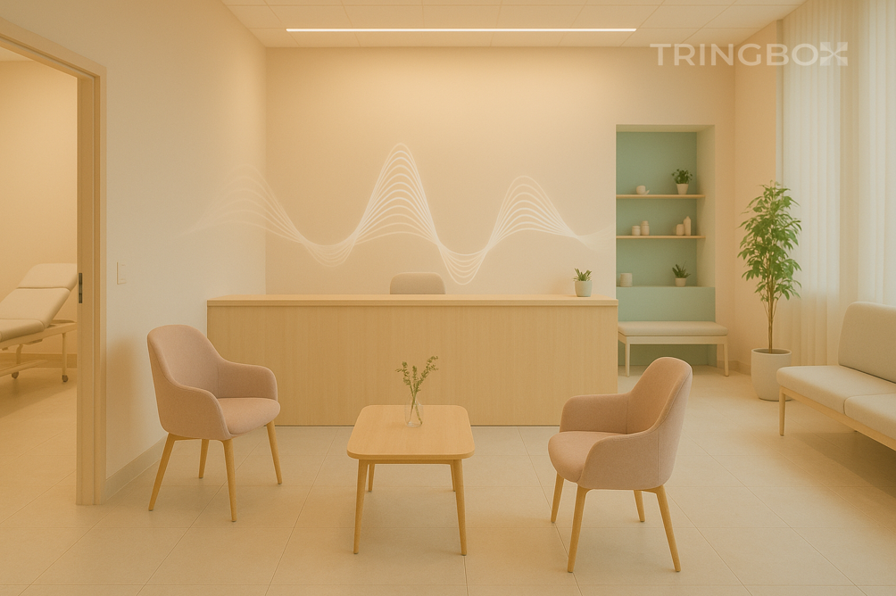 Modern calming clinic interior with Tringbox AI stress-reduction ambient music for patient comfort