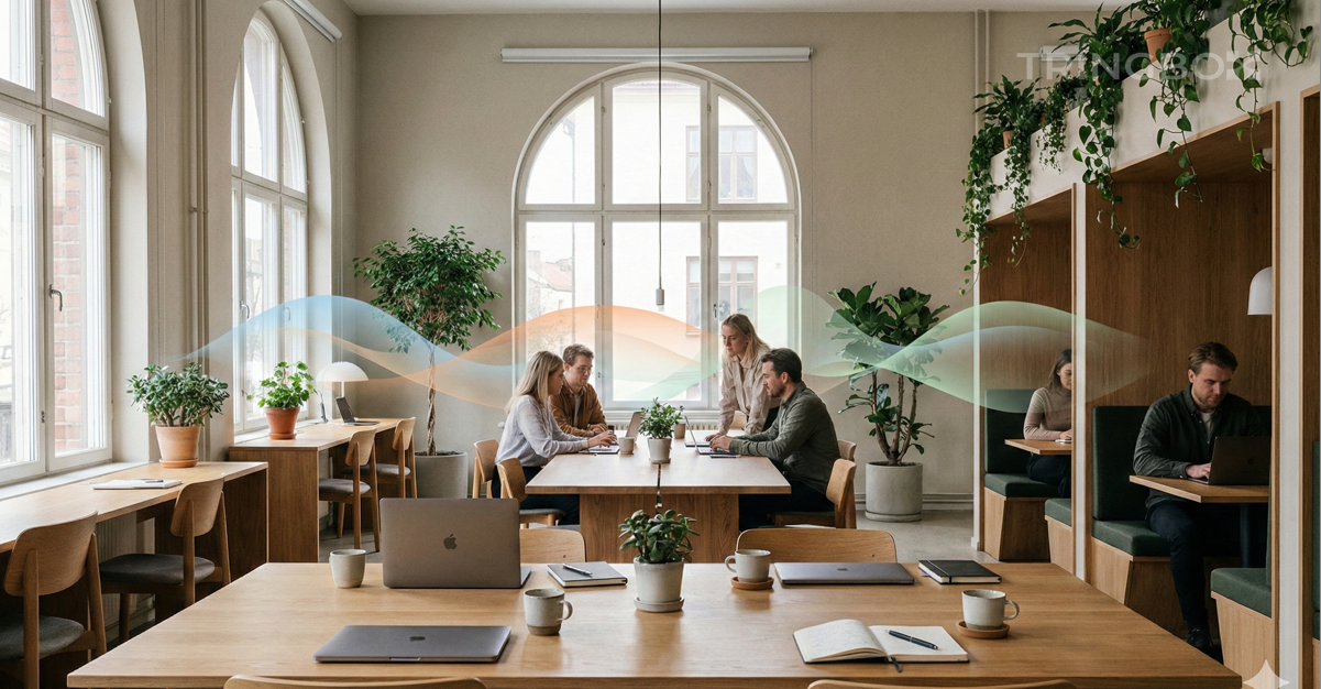 Modern coworking space with natural light and Tringbox AI productivity-focused ambient music